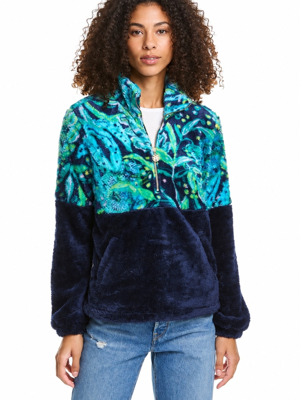 Lilly Pulitzer Keala Sherpa Popover Catty Purrsonality Navy Blue Large comfy
